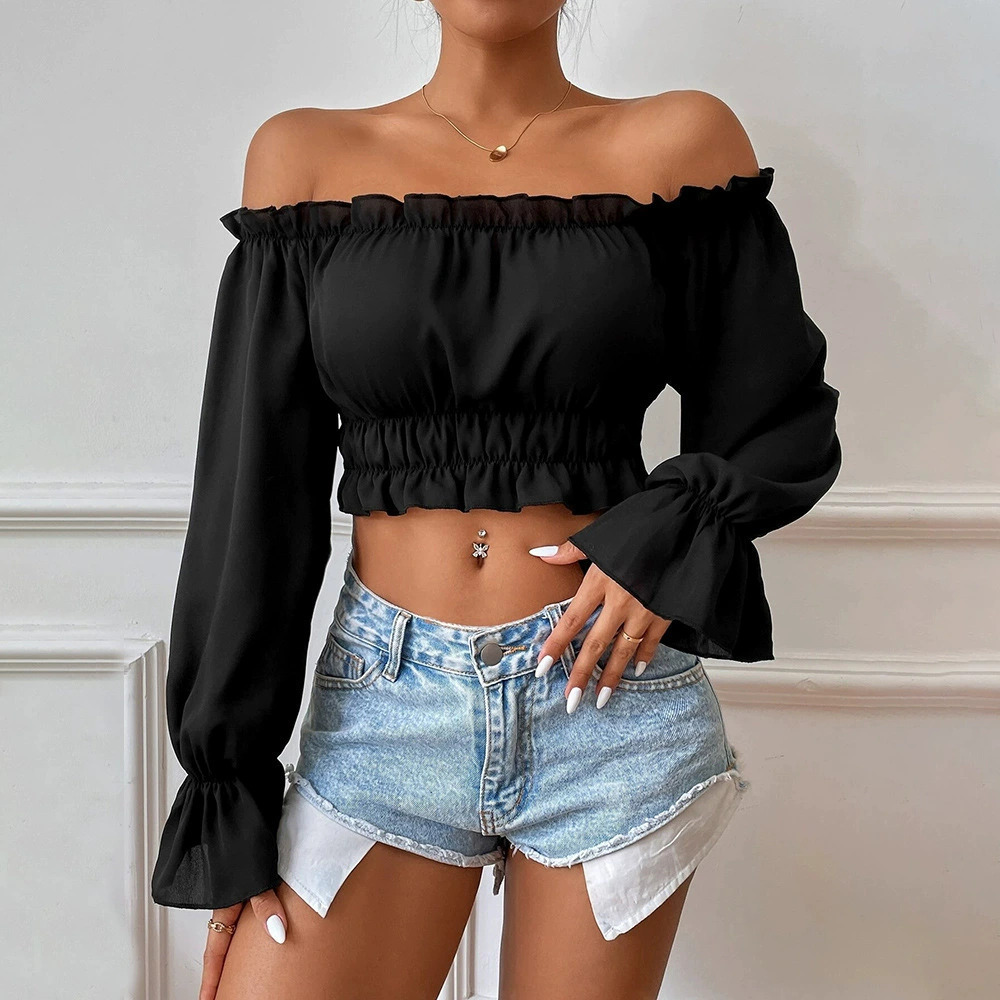 ZARA Fall Sexy Casual Home Waist Ruffle Boatneck Longsleeve Womens Blouse
